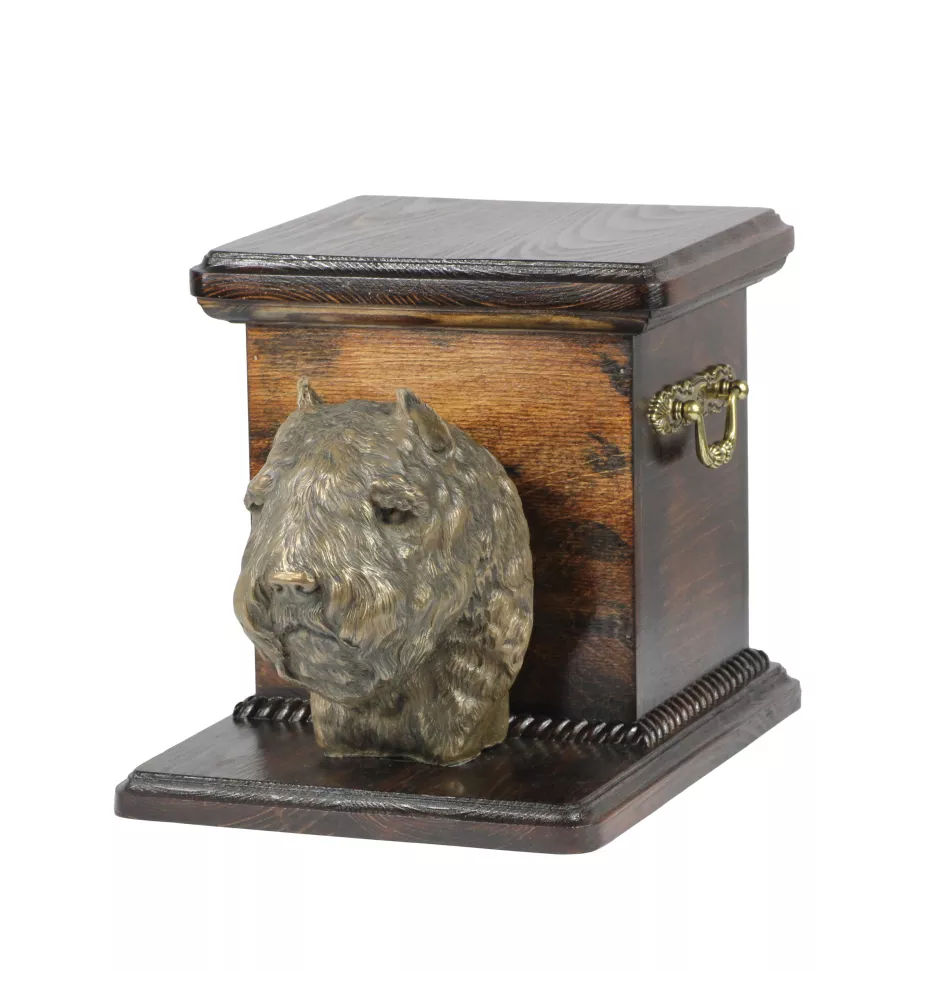 Flandrischer Treibhund, Bouvier des Flandres - Eine Urne für die Asche eines Hundes mit einer Statuette, eine elegante Urne für einen Hund, eine außergewöhnliche Urne mit dem Porträt eines Hundes von