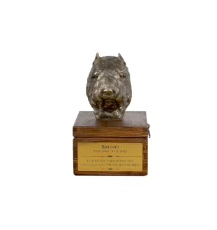 Flandrischer Treibhund, Bouvier des Flandres - Eine Ascheurne für Hunde mit einer Statuette, eine kleine Urne für Hunde, eine personalisierte Urne mit dem Porträt eines Hundes von der Marke Art-Dog.