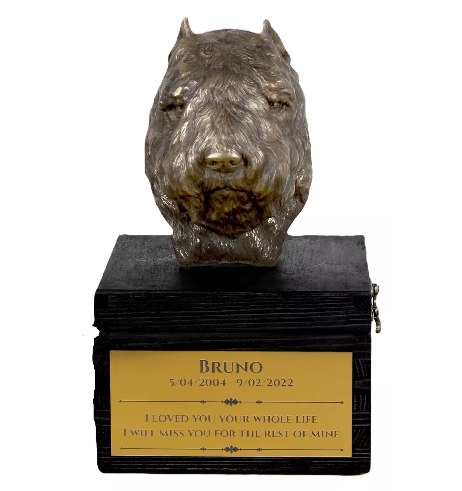 Bouvier des Flandres - une urne avec une gravure et une sculpture de chien, un dernier adieu, un produit fait à la main de la marque Art-Dog