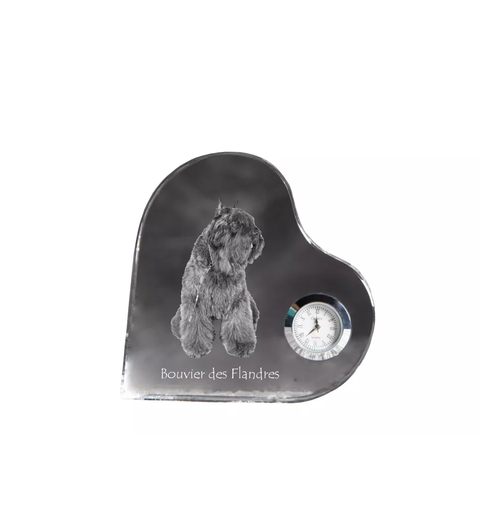 Flandrischer Treibhund, Bouvier des Flandres - Kristalluhr mit einem Hundebild, Herzregal-Uhr, personalisierte Standuhr der Marke Art-Dog