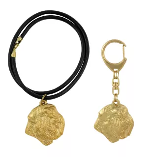 Bouvier des Flandres - porte-clés et collier avec chien dans une boîte, produit plaqué or de haute qualité, marque Art-Dog