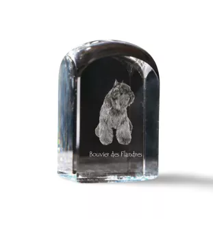 Bouvier des Flandres, Flanders Cattle Dog - crystal cube with a photo, photo of a dog in crystal, cubic paperweight from Art-Dog brand