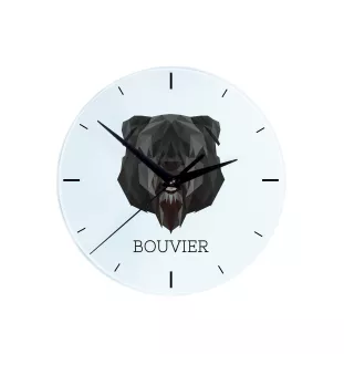 Flandrischer Treibhund, Bouvier des Flandres - geometrische Wanduhr mit Bild und Aufschrift der Marke Art-Dog