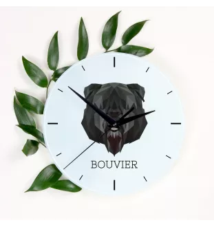 Flandrischer Treibhund, Bouvier des Flandres - geometrische Wanduhr mit Bild und Aufschrift der Marke Art-Dog