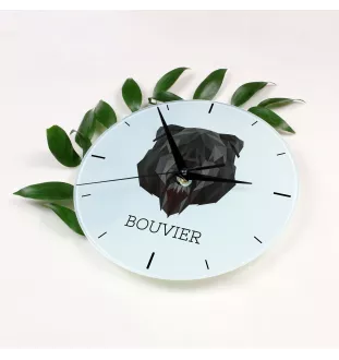 Flandrischer Treibhund, Bouvier des Flandres - geometrische Wanduhr mit Bild und Aufschrift der Marke Art-Dog