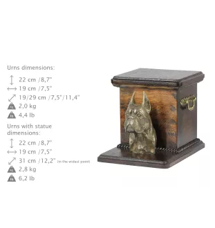 Boxer, Deutscher Boxer - Eine Urne für die Asche eines Hundes mit einer Statuette, eine elegante Urne für einen Hund, eine außergewöhnliche Urne mit dem Porträt eines Hundes von der Marke Art-Dog.