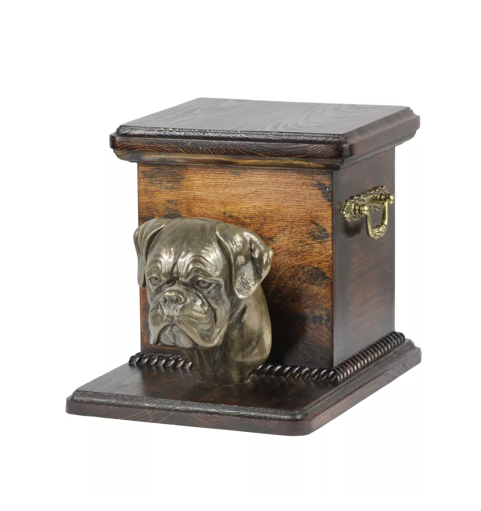 Boxer, Deutscher Boxer I - Eine Urne für die Asche eines Hundes mit einer Statuette, eine elegante Urne für einen Hund, eine außergewöhnliche Urne mit dem Porträt eines Hundes von der Marke Art-Dog.
