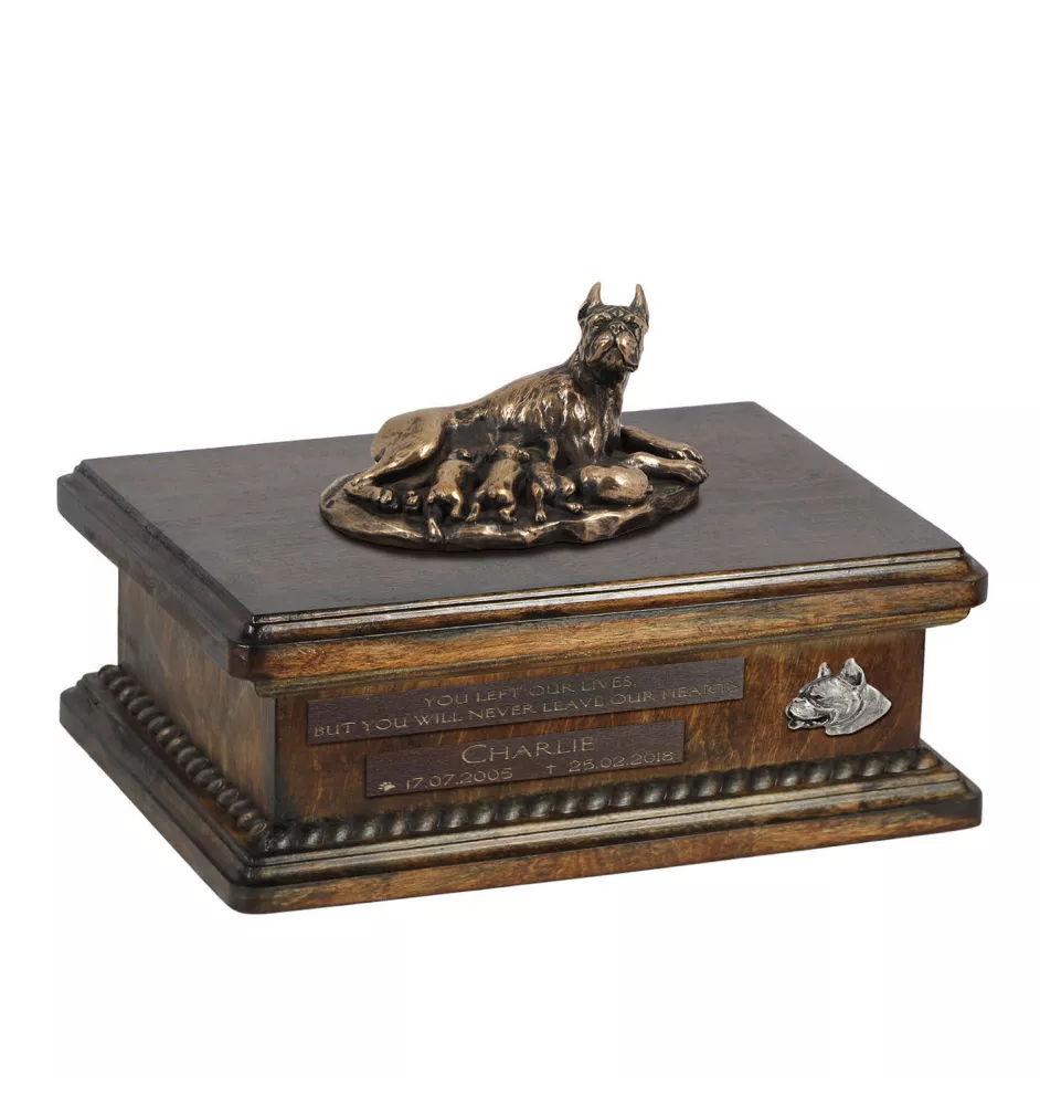 Boxer, German Boxer II - urn for dog ashes, personalized urn with a statue, wooden urn with a dog by Art-Dog brand