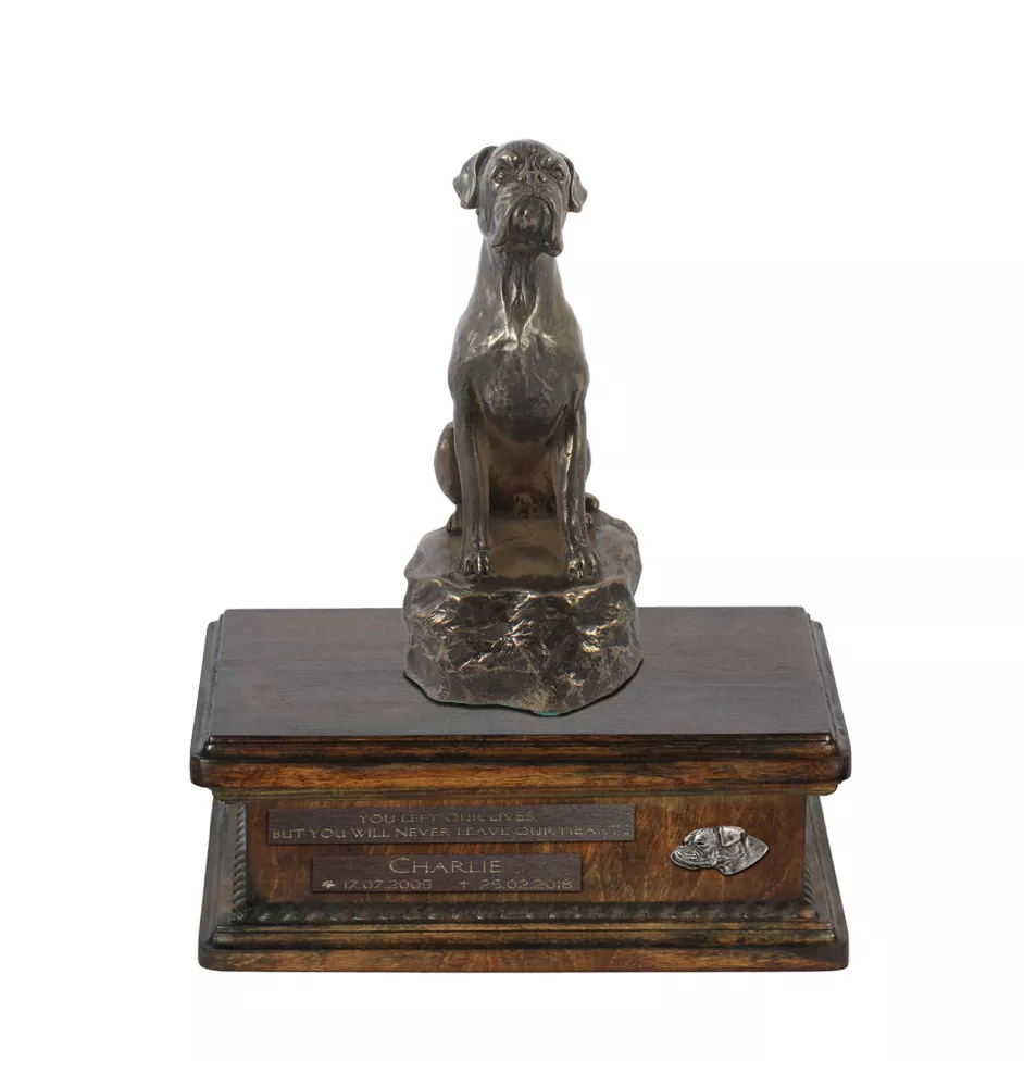 Boxer, German Boxer V - urn for dog ashes, personalized urn with a statue, wooden urn with a dog by Art-Dog brand