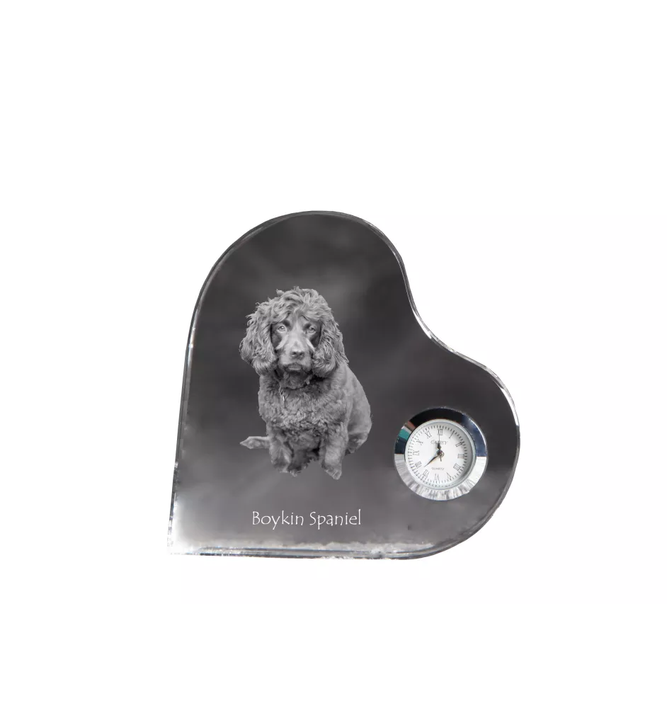 Boykin Spaniel, Swamp Poodle - crystal clock with a dog picture, heart-shaped shelf clock, personalized standing clock by Art-Dog brand