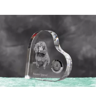 Boykin Spaniel, Swamp Poodle - crystal clock with a dog picture, heart-shaped shelf clock, personalized standing clock by Art-Dog brand