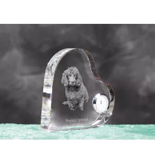 Boykin Spaniel, Swamp Poodle - crystal clock with a dog picture, heart-shaped shelf clock, personalized standing clock by Art-Dog brand