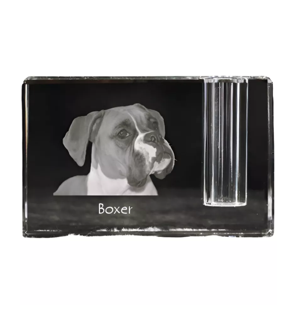 Boxer I - Porte-stylos, organiseur en cristal avec photo de chien, décoration de bureau unique par la marque Art-Dog