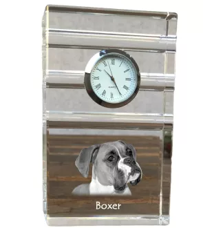 Boxer I - une horloge en verre avec une photo, une photo de chien dans un cristal, une horloge de bureau personnalisée de la marque Art-Dog