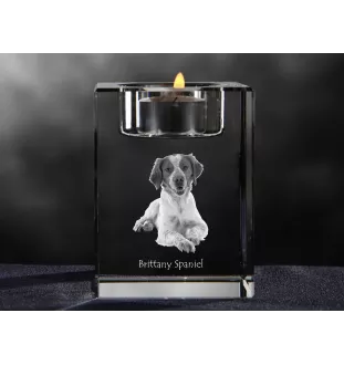 Bretonischer Spaniel, Bretonischer Vorstehhund, Brittany - Kerzenhalter mit Hundefoto, Teelichthalter aus Kristall, personalisiertes Geschenk der Marke Art-Dog