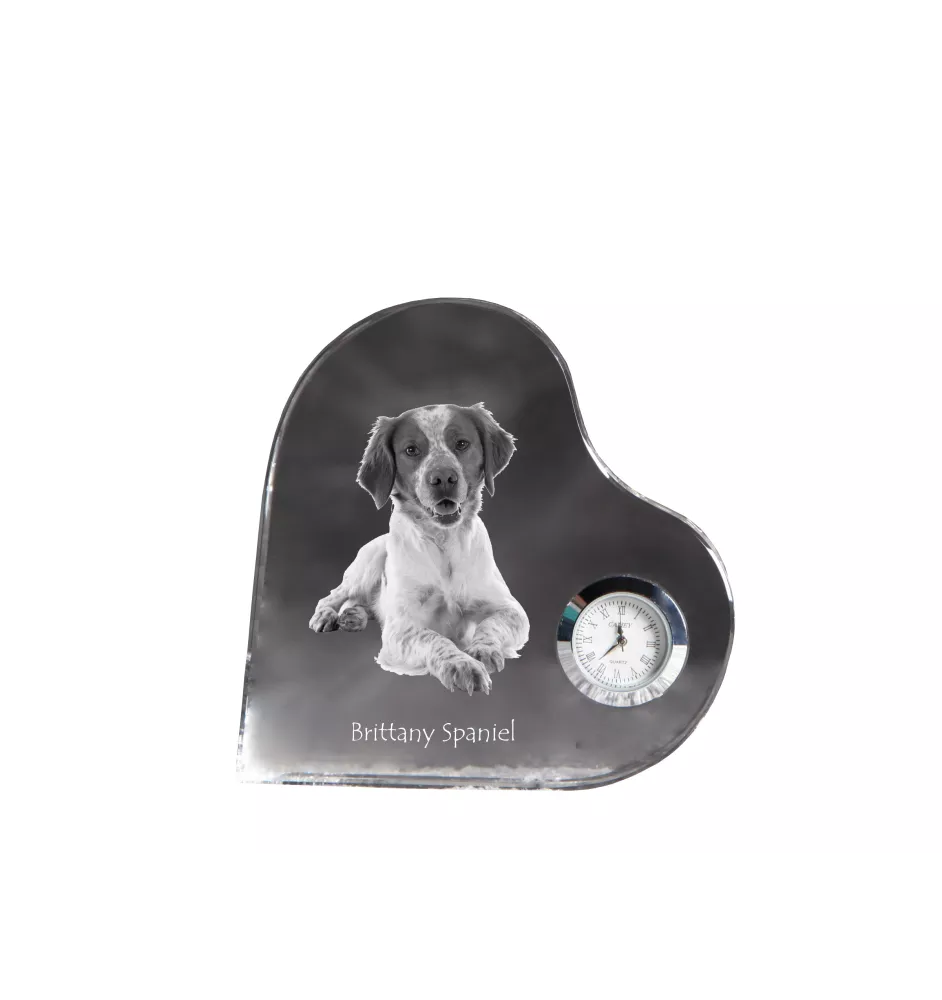 Bretonischer Spaniel, Bretonischer Vorstehhund, Brittany - Kristalluhr mit einem Hundebild, Herzregal-Uhr, personalisierte Standuhr der Marke Art-Dog