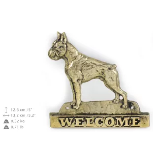 Boxer, German Boxer - a door sign with a dog, a brass welcome plaque, a unique sign with the inscription Welcome from the Art-Dog brand
