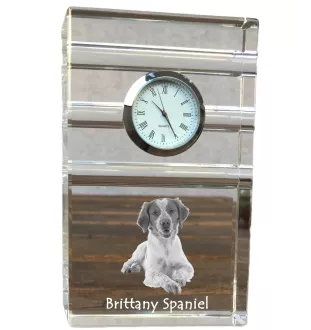 Bretonischer Spaniel, Bretonischer Vorstehhund, Brittany - Glasuhr mit Foto, Foto eines Hundes im Kristall, personalisierte Tischuhr für das Büro der Marke Art-Dog