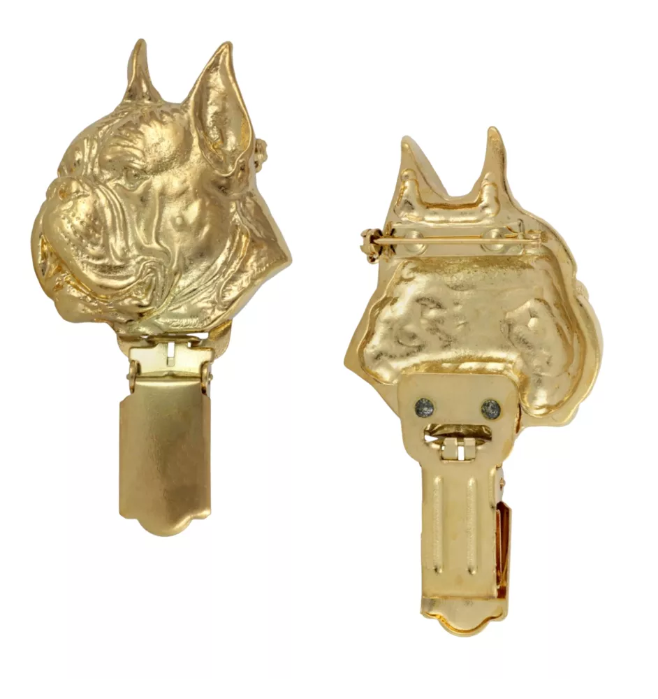 Boxer, Deutscher Boxer - Brosche mit Clip, vergoldeter Startnummernhalter, Geschenk für Hundeausstellung der Marke Art-Dog