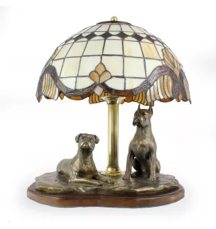 Boxer, Deutscher Boxer - Lampe mit einem Lampenschirm aus Tiffanyglas, Tischlampe mit einer Hunde-Statuette, Inneneinrichtung im Retro-Stil der Marke Art-Dog