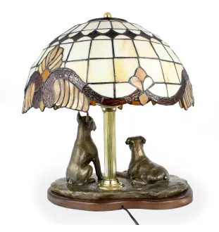 Boxer, Deutscher Boxer - Lampe mit einem Lampenschirm aus Tiffanyglas, Tischlampe mit einer Hunde-Statuette, Inneneinrichtung im Retro-Stil der Marke Art-Dog