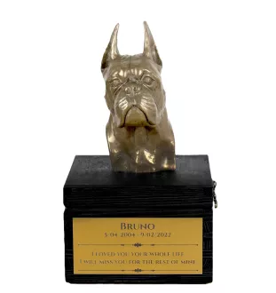 Boxer, Deutscher Boxer - eine Urne mit Gravur und Hundeskulptur, letzter Abschied, handgefertigtes Produkt der Marke Art-Dog
