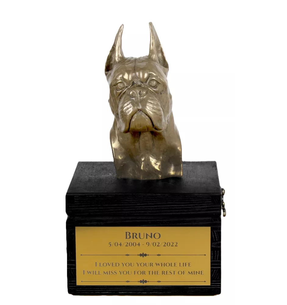 Boxer, German Boxer - an urn with an engraving and a sculpture of a dog, a handmade product by the Art-Dog brand.