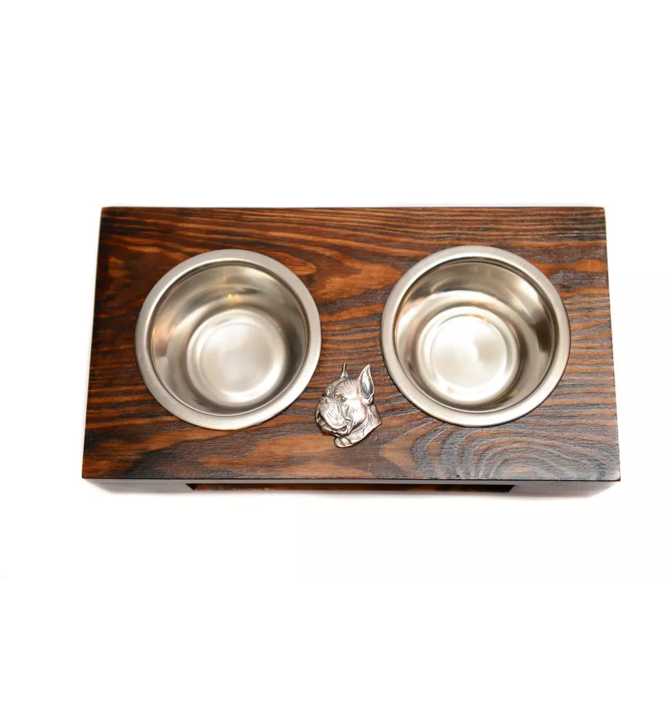 Boxer, German Boxer II - wooden stand with bowls for a dog, steel dog bowls, a gift for adopting a dog from the Art-Dog brand