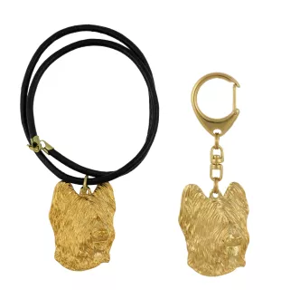 Berger de Brie, Briard - porte-clés et collier avec chien dans une boîte, produit plaqué or de haute qualité, marque Art-Dog