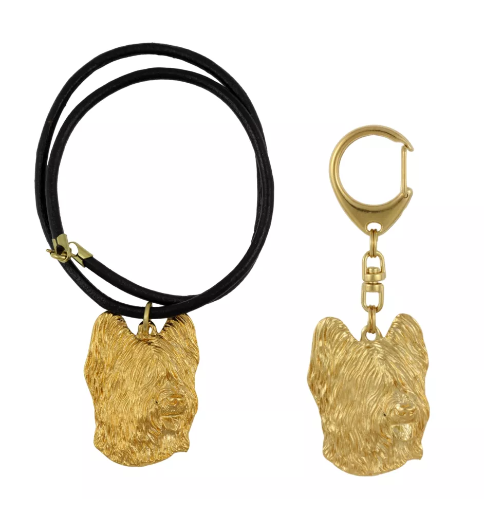 Berger de Brie, Briard - porte-clés et collier avec chien dans une boîte, produit plaqué or de haute qualité, marque Art-Dog