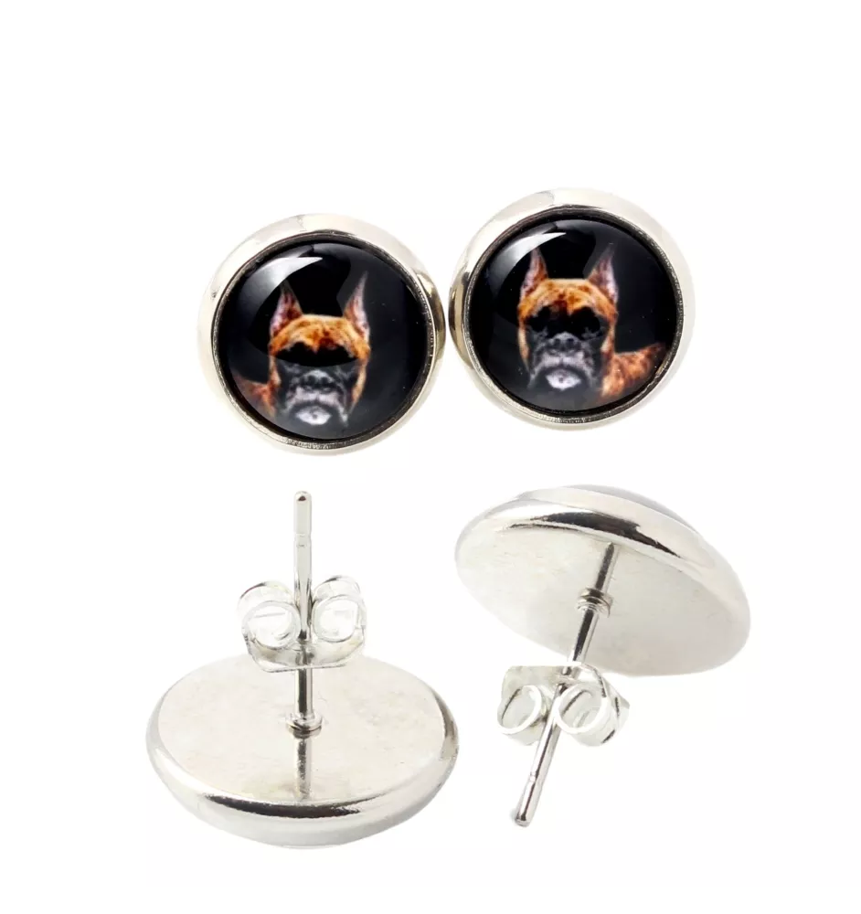 Boxer III - boucles d'oreilles dans une boîte, votre photo, bijoux faits à la main, produit de la marque Art-Dog.