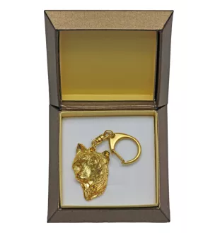 Chien chinois à crête, chien nu chinois - Porte-clés doré avec chien dans boîte cadeau, décoration de sac à main, accessoire de luxe de la marque Art-Dog