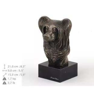 Chinese Crested Dog, Puff - Dog statue, bust on stone base, sculpture, trophy for dog show by Art-Dog brand
