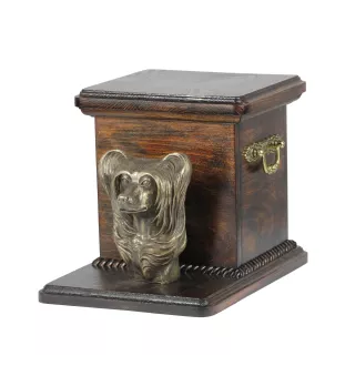 Chinesischer Schopfhund - Eine Urne für die Asche eines Hundes mit einer Statuette, eine elegante Urne für einen Hund, eine außergewöhnliche Urne mit dem Porträt eines Hundes von der Marke Art-Dog.