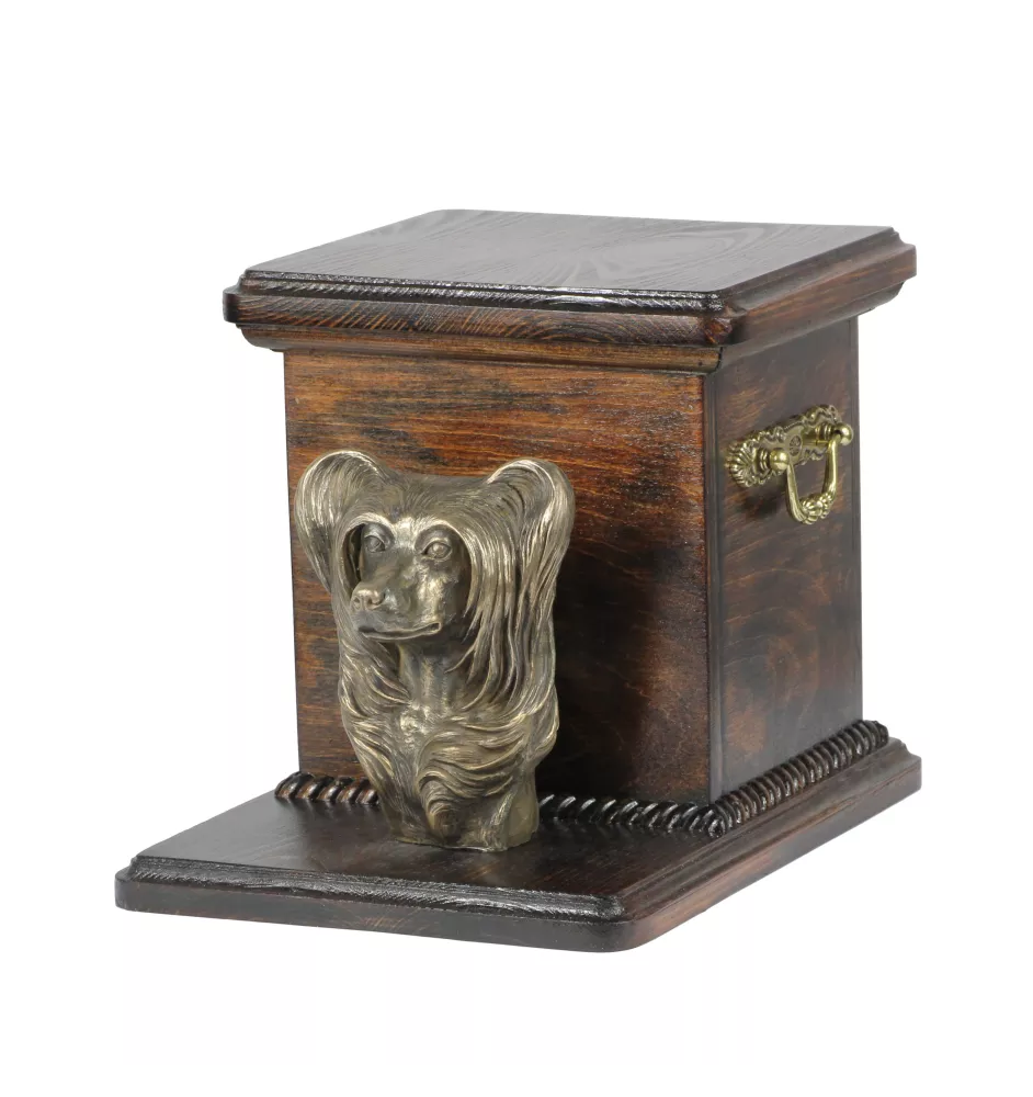 Chinesischer Schopfhund - Eine Urne für die Asche eines Hundes mit einer Statuette, eine elegante Urne für einen Hund, eine außergewöhnliche Urne mit dem Porträt eines Hundes von der Marke Art-Dog.