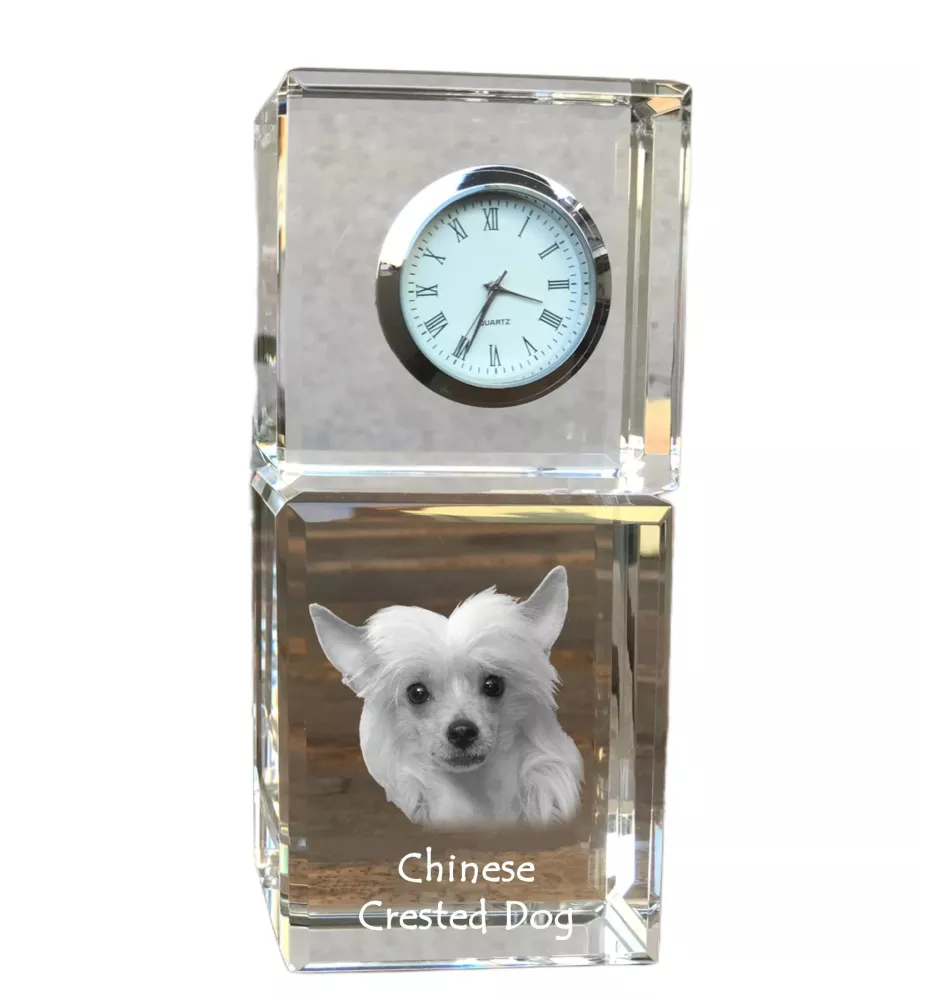 Chien chinois à crête, chien nu chinois - montre en cristal avec photo, photo de chien dans un cristal, horloge de bureau personnalisée de la marque Art-Dog