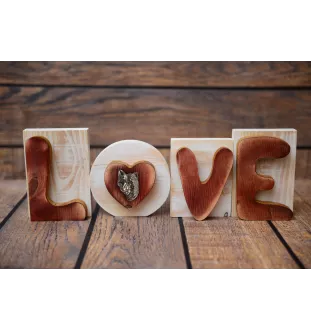 Chinese Crested Dog, Puff - wooden LOVE sign, interior decoration with a dog, charming ornament for the shelf by Art-Dog brand