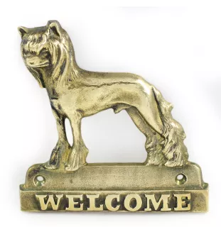 Chien chinois à crête, chien nu chinois - une plaque de porte avec un chien, une plaque de bienvenue en laiton, une enseigne exceptionnelle avec l'inscription Welcome de la marque Art-Dog