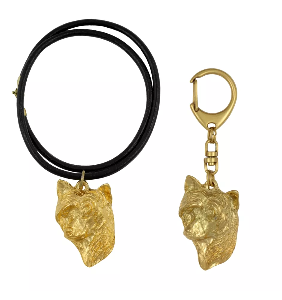 Chien chinois à crête, chien nu chinois - porte-clés et collier avec chien dans une boîte, produit plaqué or de haute qualité, marque Art-Dog