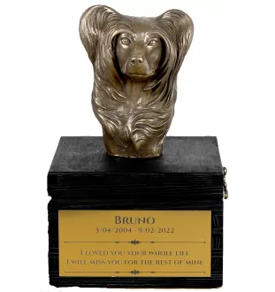 Chinesischer Schopfhund - eine Urne mit Gravur und Hundeskulptur, letzter Abschied, handgefertigtes Produkt der Marke Art-Dog