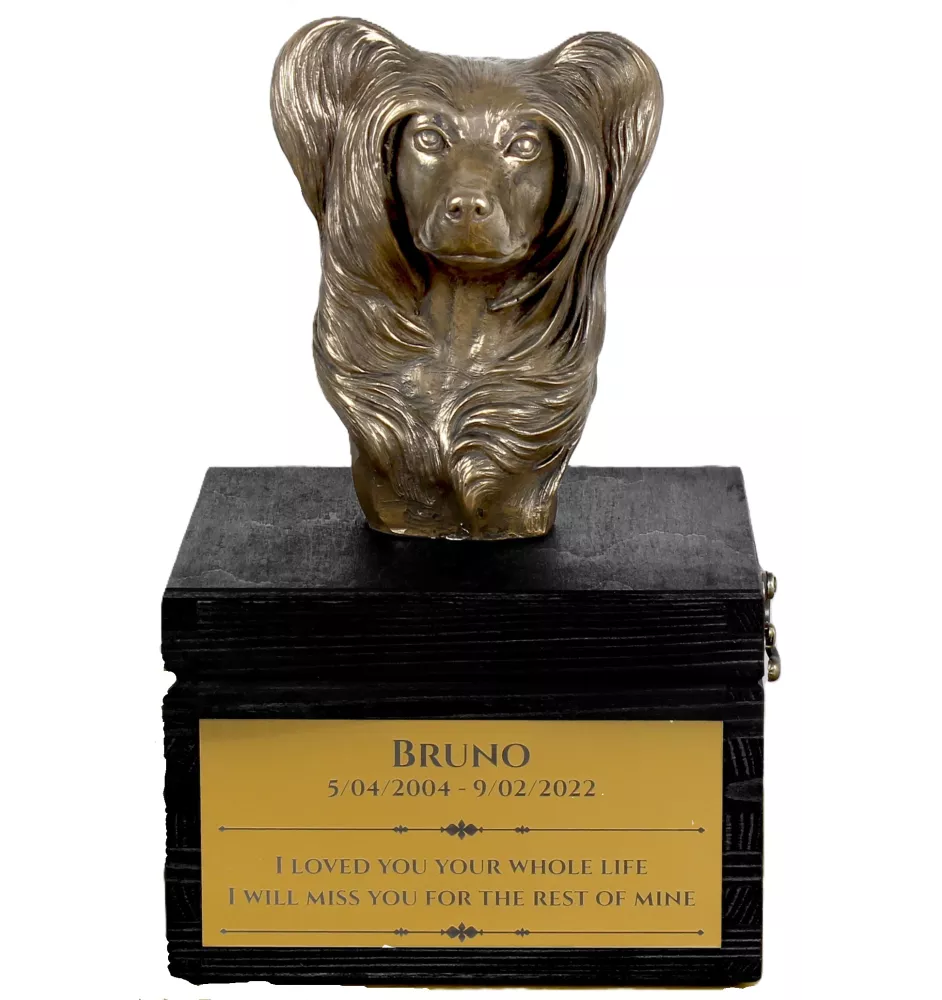 Chinesischer Schopfhund - eine Urne mit Gravur und Hundeskulptur, letzter Abschied, handgefertigtes Produkt der Marke Art-Dog