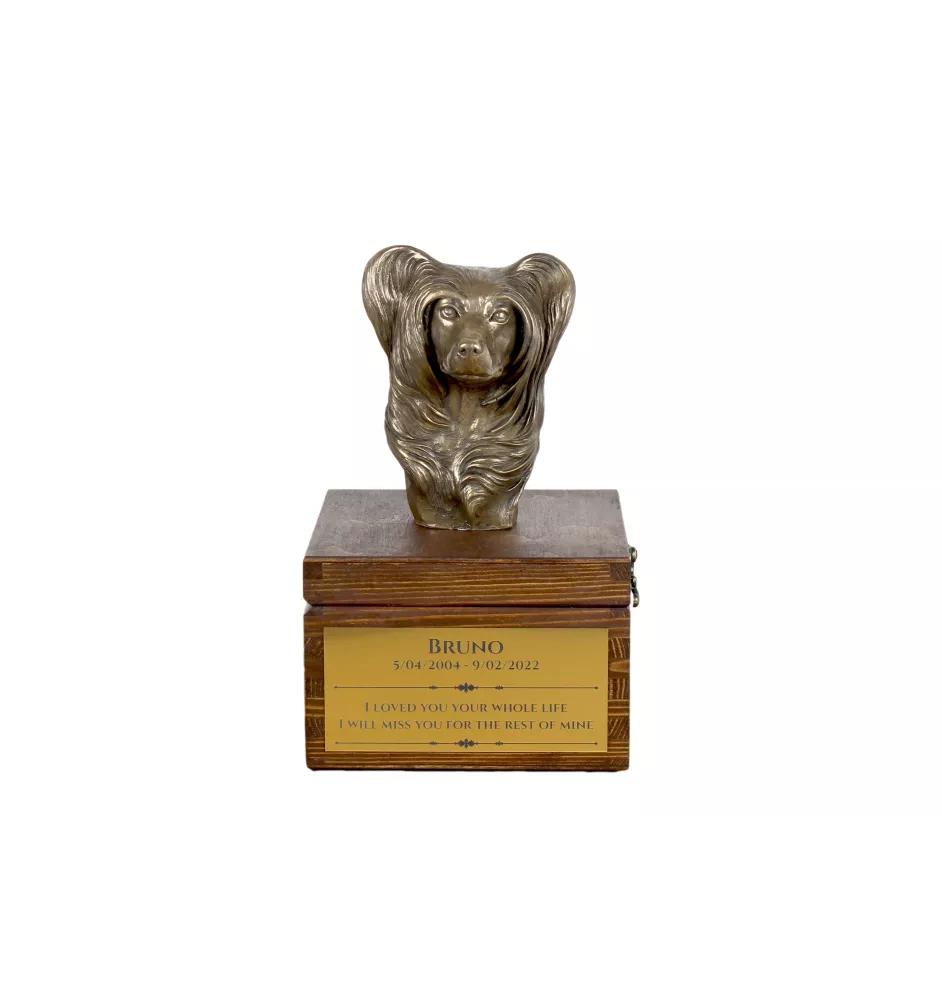 Chinesischer Schopfhund - Eine Ascheurne für Hunde mit einer Statuette, eine kleine Urne für Hunde, eine personalisierte Urne mit dem Porträt eines Hundes von der Marke Art-Dog.