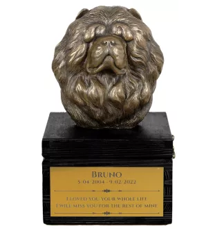 Chow Chow, Chowchow - une urne avec une gravure et une sculpture de chien, un dernier adieu, un produit fait à la main de la marque Art-Dog