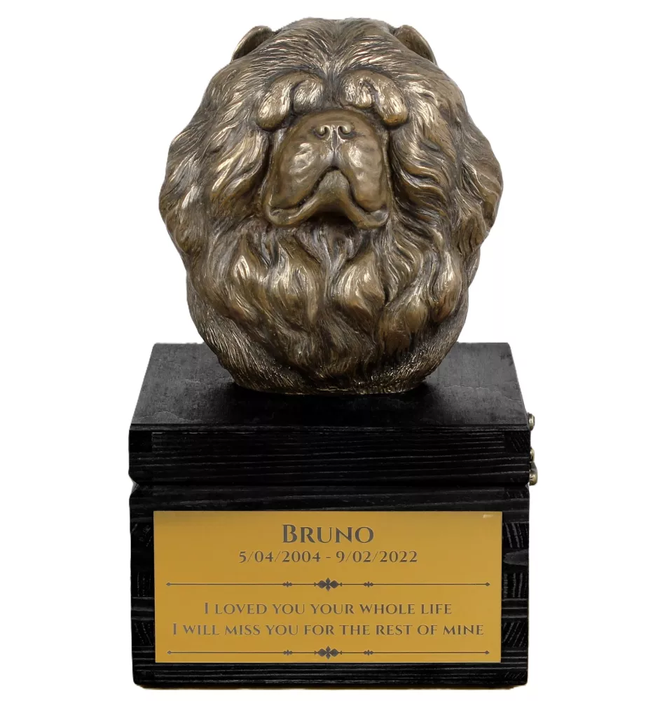 Chow Chow, Chowchow - une urne avec une gravure et une sculpture de chien, un dernier adieu, un produit fait à la main de la marque Art-Dog