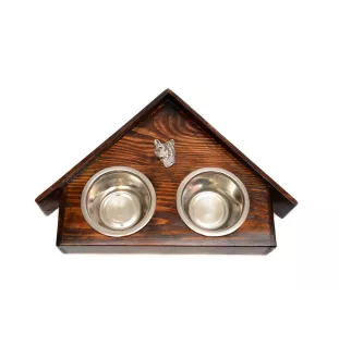 Chinese Crested Dog, Puff - wooden stand with bowls for a dog, decorative dog bowls, a gift for adopting a dog from the Art-Dog brand