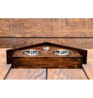 Chinese Crested Dog, Puff - wooden stand with bowls for a dog, decorative dog bowls, a gift for adopting a dog from the Art-Dog brand