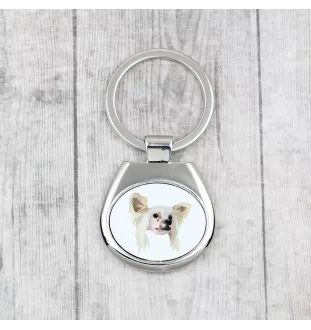 Chinese Crested Dog, Puff - geometric keychain with a photo and the inscription Art-Dog