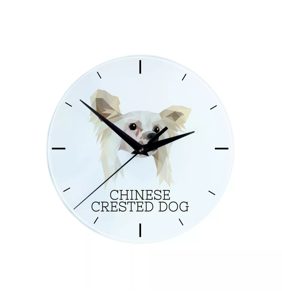Chien chinois à crête, chien nu chinois - horloge murale géométrique avec photo et logo de la marque Art-Dog