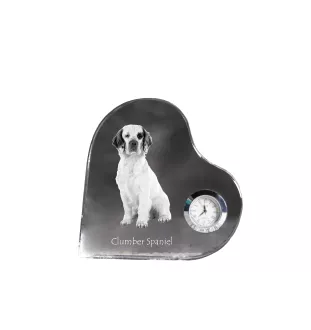 Clumber Spaniel - crystal clock with a dog picture, heart-shaped shelf clock, personalized standing clock by Art-Dog brand