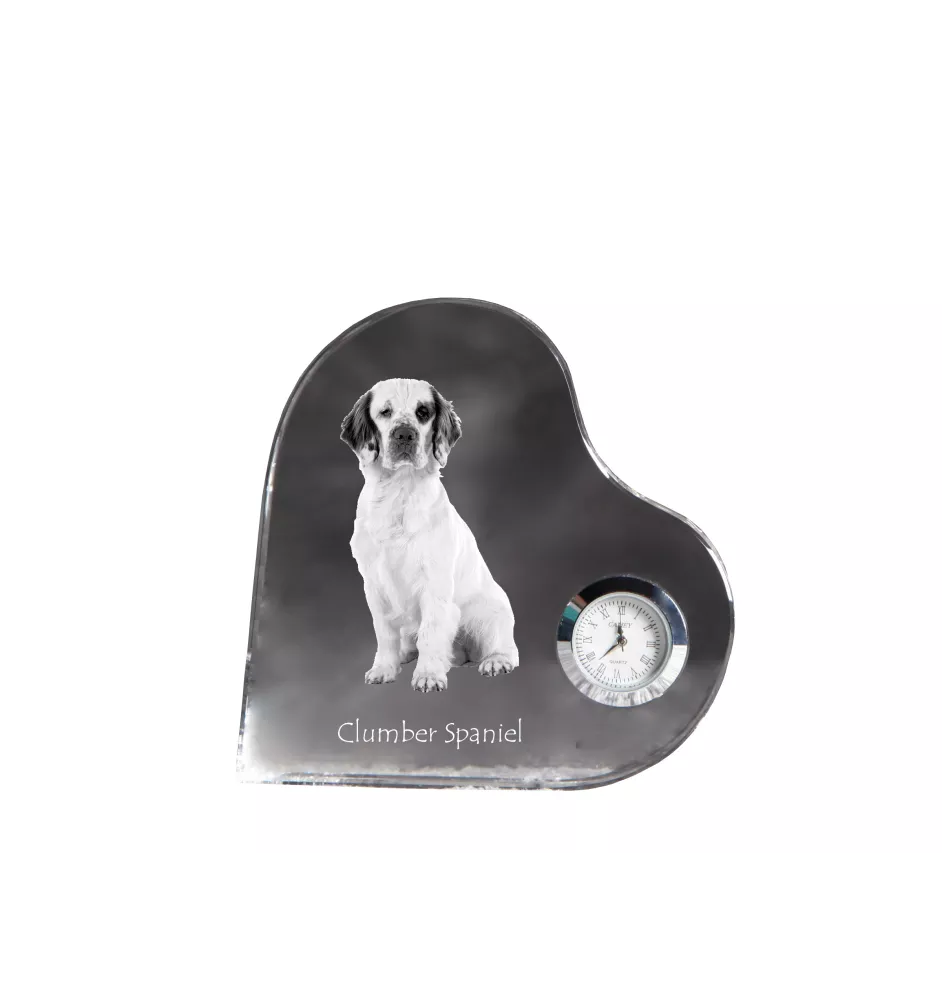 Clumber Spaniel - crystal clock with a dog picture, heart-shaped shelf clock, personalized standing clock by Art-Dog brand